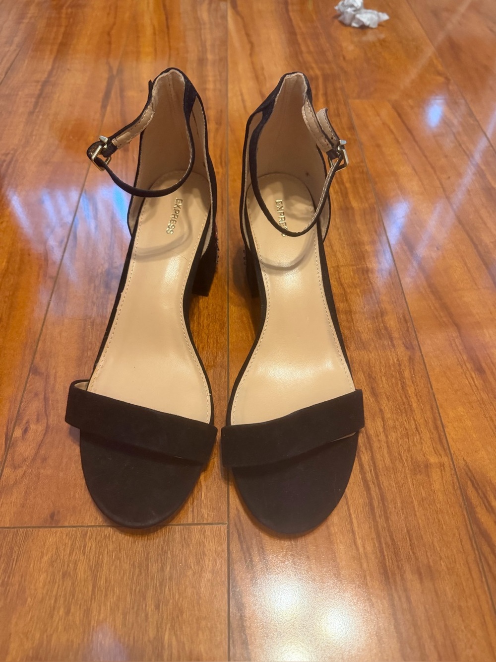 Express Black Ankle-Strap Block Heel Sandals - Sequence embellishment Women
